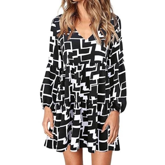 Dresses & Skirts - Boho White Black Abstract Long Sleeve V Neck Tunic Mini Dress